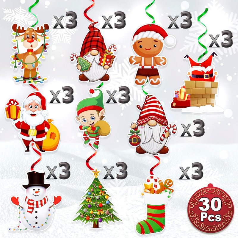 BASHOUT Hanging Christmas Decorations with Foil Swirls | 30 Pcs Holiday Set | Xmas Santa, Snowman, Gingerbread, Reindeer, Gnomes Christmas Designs | Home, Office, School Christmas Party Decorations | - Image 2